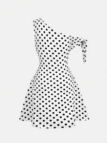 Girlism Teen Girls Elegant Asymmetric Sleeveless Tie Neck Minimalist Polka Dot Mini Dress - White - View 2