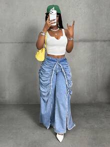 Slaydiva 女士褶皱时尚设计毛边宽松牛仔裤 - 藍色 - 查看 6