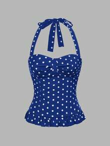 ROMWE Avant Women's Romantic Vacation Style Polka Dot & Plaid Backless Halter Neck Camisole Set - Blue - View 4