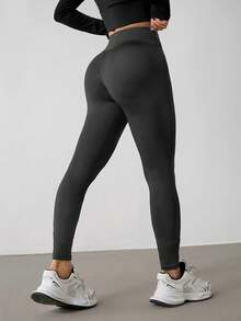 SHEIN PETITE 女士纯色不对称腰身修身休闲裤 - 深灰色 - 查看 2