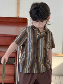 DAZY 男童条纹印花纽扣短袖休闲衬衫 - 棕色 - 查看 4