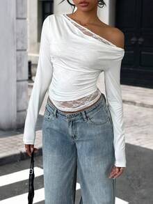 Siren Gaze 秋季纯色斜肩蕾丝拼接围脖领长袖女T恤白色女装休闲节日女装新年Y2K上衣 - 白色 - 查看 1