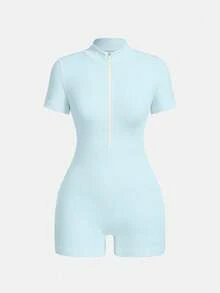 Dewbera Solid Color Short Sleeve Fitted Sports Jumpsuit Bodysuit Romper Zip Up Romper Seamless Romper Blue Bodysuit Ribbed Romper Tummy Control Romper - Mint Blue - View 3