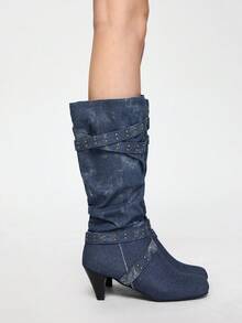 ROMWE Grunge Punk 女士秋冬及膝靴，交叉铆钉绑带，褶裥筒，圆头，高跟，侧拉链，时尚靴子 - 藍色 - 查看 4