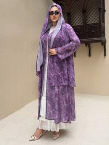 Dazy Plus 2pcs Floral Print Chiffon Scarf, Vacation Style Shirt - Purple - View 5