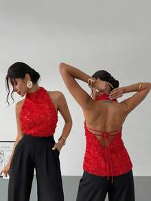 Firerie Áo kiểu dáng thanh lịch, năng động, cổ điển, hiện đại, không tay, cổ yếm, hở lưng, đính nơ, màu đen, phù hợp cho công sở, mùa xuân/hè. - Màu Đỏ Sâu - Xem 2