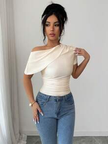 Elenzga Elegant Casual Asymmetric Ruched Waist Fitted Knit Top, Apricot Short Sleeve T-Shirt - Apricot - View 3