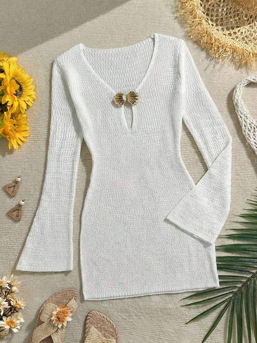 Teen Girls White Everyday Casual Long Sleeve V Neck Semi Sheer Cover Up - White - View 1