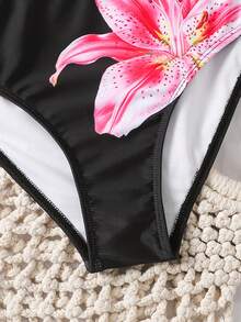 SHEIN 少女休闲简约黑色芙蓉花、火焰百合、百合印花沙滩度假风挂脖比基尼泳装套装，适合夏季穿着 - 黑色 - 查看 3