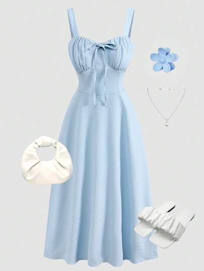 SHEIN Teen Girls' Light Blue Textured Chiffon Spaghetti Strap Ruched Waist A-Line Dress, Spring/Summer