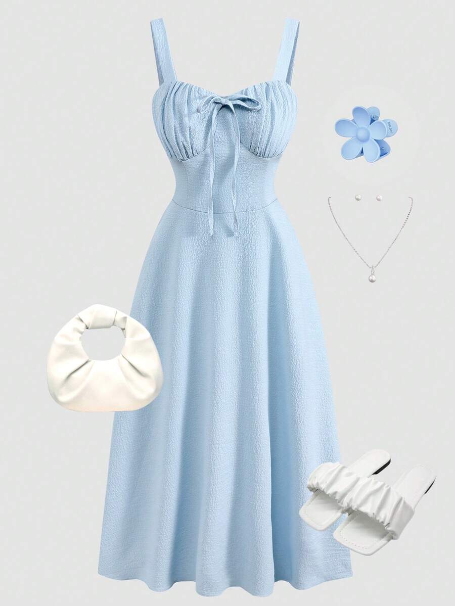 SHEIN 少女浅蓝色纹理雪纺吊带褶皱腰身A字连衣裙，春夏款 - 藍色 - 查看 1