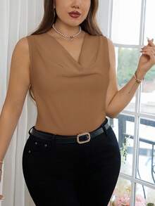 SHEIN Privé Áo kiểu dáng thanh lịch, cổ khoét sâu, không tay, ôm sát, cỡ lớn, thích hợp cho tiệc tùng và hẹn hò, mùa xuân/hè. - Lạc đà - Xem 5