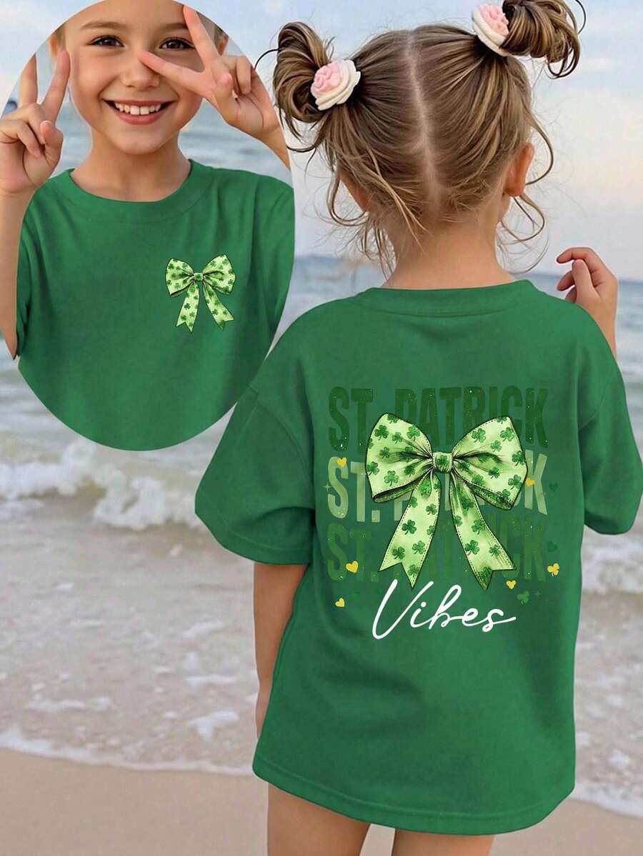 St. Patrick's Day Tween Girl Casual Chic Leopard, Clover, Heart Graphic Print T-Shirt - Apricot - View 1
