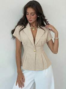 Aloruh Áo blazer nữ tay ngắn, dáng suông, chất liệu linen màu mơ, thích hợp cho công sở/thường ngày, mùa hè, lễ tốt nghiệp, trang phục giáo viên, tựu trường mùa thu/đông. - Màu Khaki - Xem 5