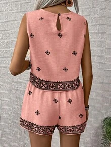 EMERY ROSE Graphic Print Round Neck Tank Top And Shorts Casual Vacation 2 Pieces Set - Pink - View 2