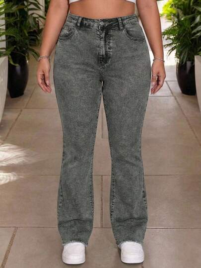 Pantalones Vaqueros de Corte Campana Elásticos para Mujer Talla Grande - Con Bajo Deshilachado y un Estilo Retro Chic, Ideales para un Look Urbano