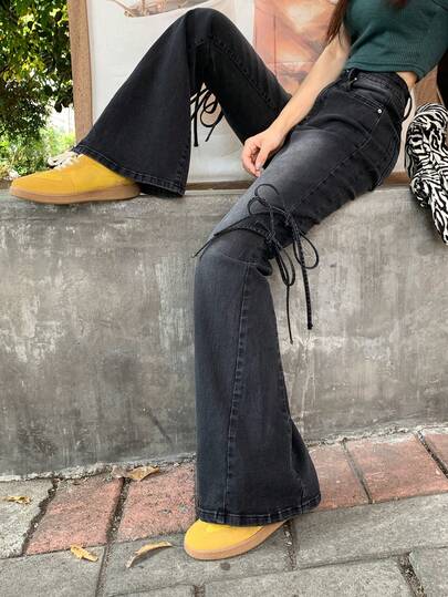 FRIFUL Women's Fashion Street Washed Tie Flared Jeans With Slant Pockets