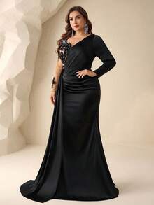 Coutiva 优雅的亮片缎面连衣裙，深V领，露背设计，长袖，鱼尾裙摆；非常适合正式晚宴穿着，适合婚礼宾客或婆婆穿着。 - 黑色 - 查看 4