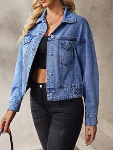 EMERY ROSE Women's Solid Color Front Button Pocket Casual Long Sleeve Denim Jacket And Coat - Blue - View 3