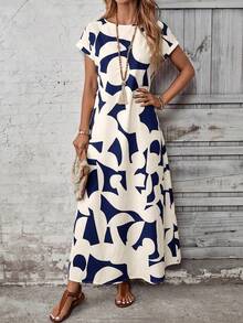 EMERY ROSE Women's Casual Vacation Colorblock Round Neck Short Sleeve Dress ,Summer Women Long Maxi - Navy Blue - View 4