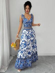 Elenzga New Shirred Woven Printed Shoulder Tie Back Fitted Top With A-Line Skirt, Young & Elegant Matching Set With Placement Print, Vacation Style For Women - Multicolor - View 6