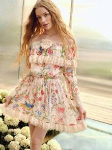 MOTF PREMIUM WOMEN'S OFF THE SHOULDER FLORAL LACE RUFFLE HEM WAIST CINCHED ROMANTIC SHORT DRESS, SPRING/SUMMER - Pink - View 5