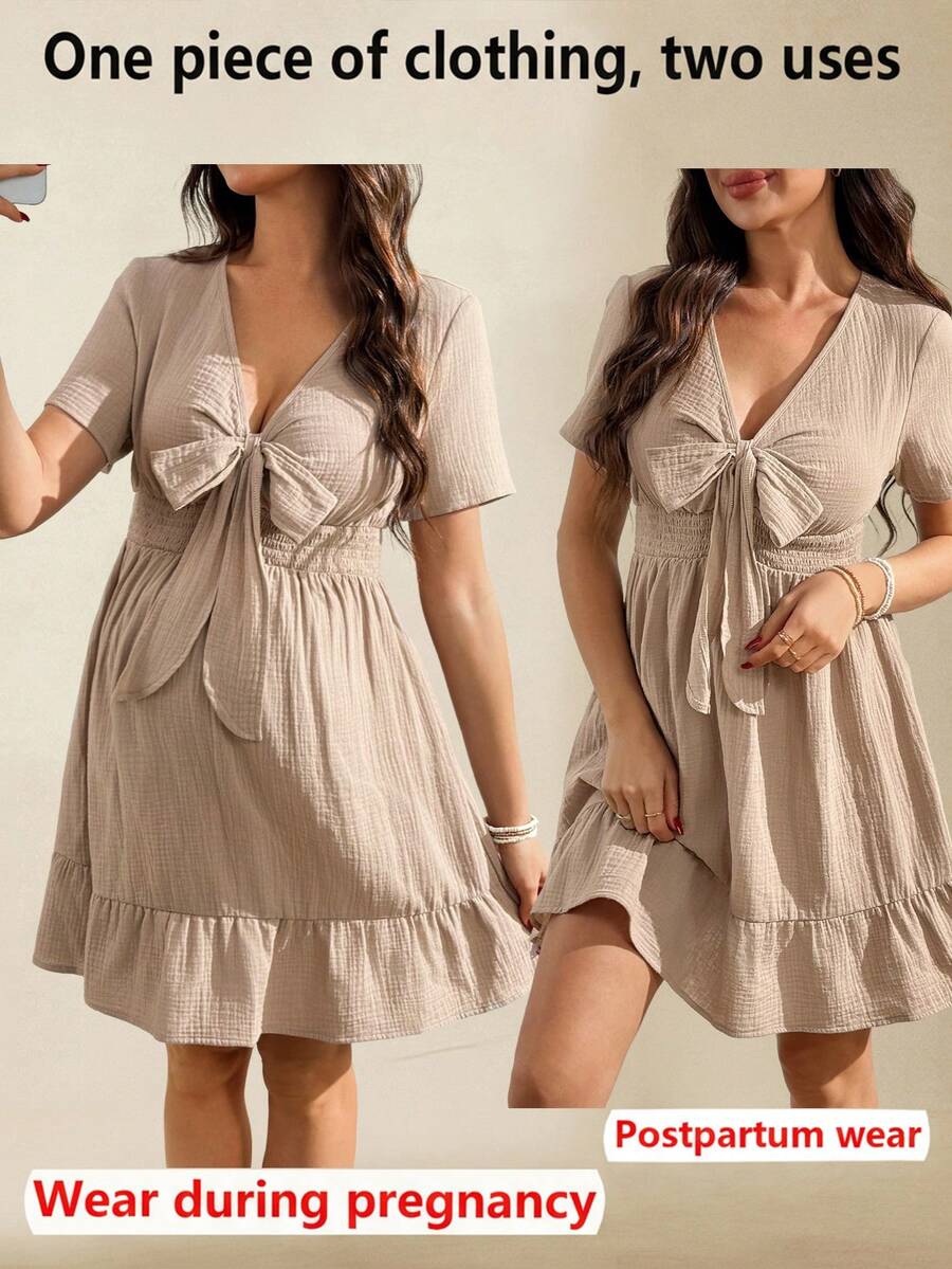 SHEIN Đầm bầu dáng suông thoải mái, buộc dây, có bèo nhún ở gấu, dành cho phụ nữ. - Màu Khaki - Xem 1