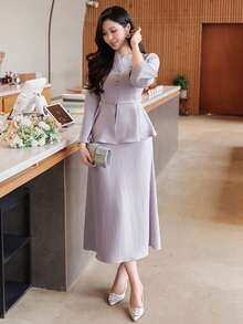 DAZY 女士优雅纯色泡泡袖上衣和半裙两件套，春夏婚礼宾客礼服 - 紫色 - 查看 4