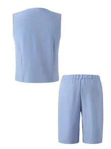 SHEIN 两件套青少年男士绅士套装 - 蓝色修身马甲 + 蓝色纹理短裤，优雅正式的生日、婚礼、婚礼宾客、花童、戒指童装 - 藍色 - 查看 3