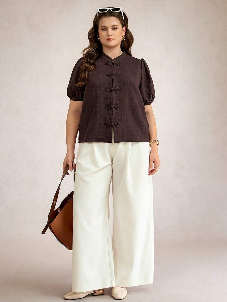 Plus Size Women Solid Color Casual Chinese Style Button-Up Brown Blouse Casual Beach Vacation Holiday Casual Blouse For Women Graduation For Mother Going Out Plus Size Button Down Shirt Curve Blouse Coffee Brown Top, Going Out Tops - Brown - View 3