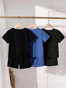 Bộ 6 món cho bé trai 4-7 tuổi, áo thun ngắn tay phối màu đơn giản + in chữ "PARIS" + quần short, bộ đồ 2 mảnh nhẹ, thoáng khí, trang phục mùa hè thường ngày/thể thao, bộ 3 mảnh thoải mái, đa năng cho bé trai. - Nhiều màu - Xem 2