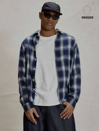 Musero Long Sleeve Oversized All Over Checkered Button Through Collared Loose Fit Shirt Essentials Top Layering Spring&Summer