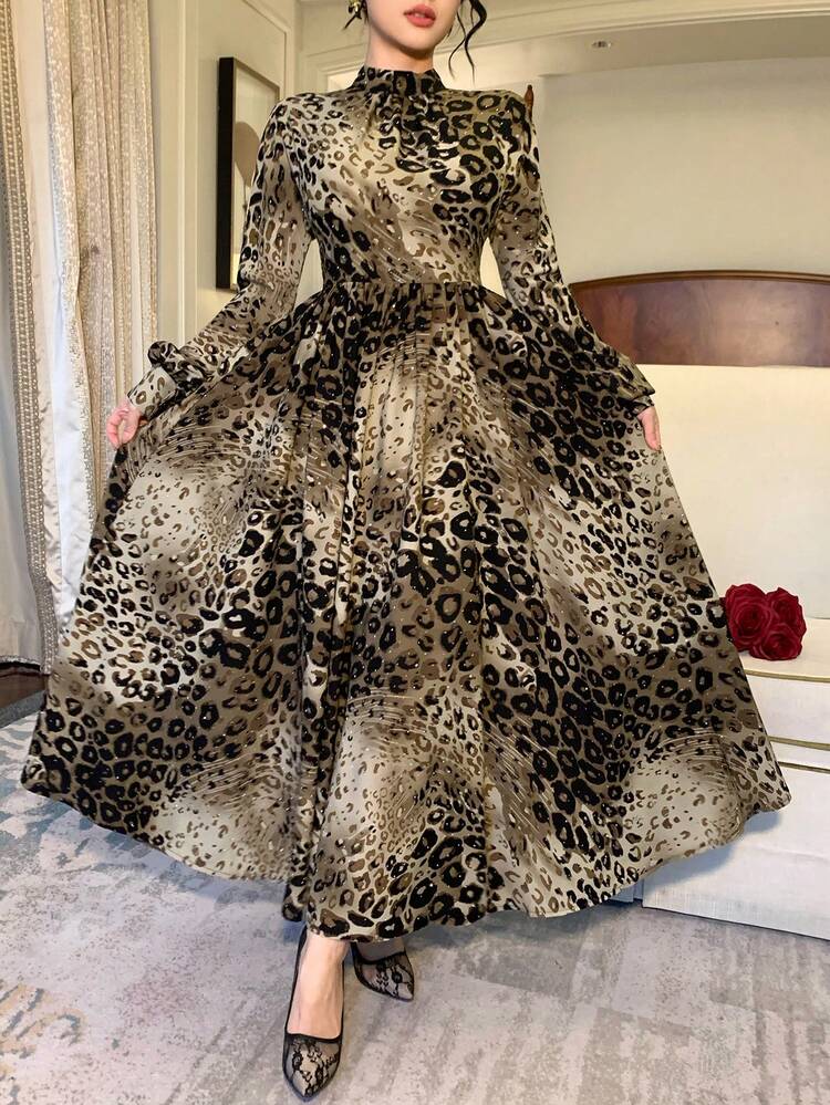 Women's Leopard Print Stand Collar Flare Sleeve Cinched Waist Dress Maxi Dress Sundress