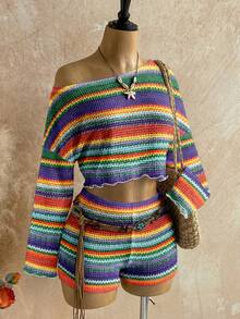 Soleia 2pcs Women Casual Vacation Colorful Striped Asymmetrical Shoulder Knit Top And Shorts Set, Vacation Outfit, Suitable For Summer, Beach,Summer Outfits For Women,Vacation Outfits Women - Multicolor - View 4