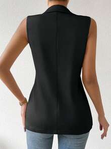Rafferiza Chic Dark Gray Woven Fabric Sleeveless Blazer For Women Regular Length Lapel Single Button Vest - Dark Grey - View 2