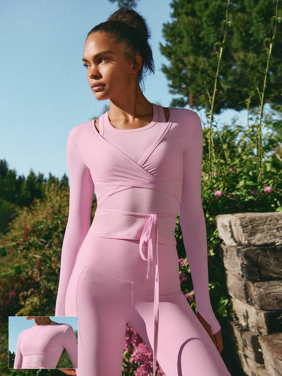 GLOWMODE Valentine's Day 360 High-Stretch Soft Fabric V-Day Vibes Lightweight Wrinkle-Resistant Strappy Tie Design Cropped Long-Sleeve Top Daily Casual Wear - Pink - View 1