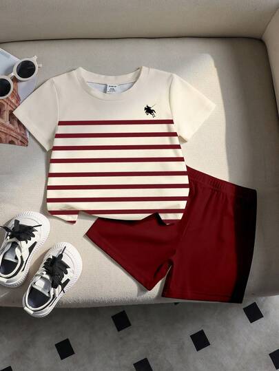 SHEIN 1 Set Baby Boys Casual Stylish Minimalist Polo Style Black & White Striped And Knight Logo Print Round Neck Short Sleeve T-Shirt And Matching Shorts Outfit, Toddler Outdoor Suit