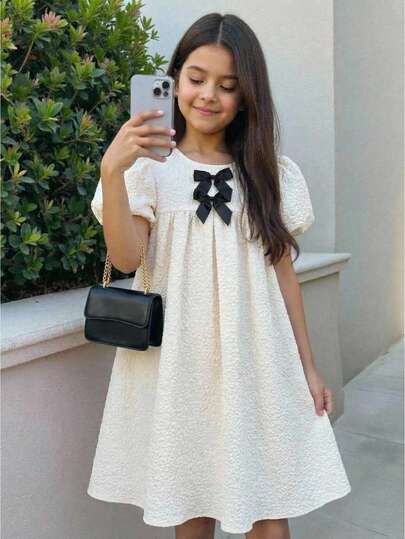 Firerie Kids Tween Girl Elegant Commuter Champagne Jacquard Cute Puff Sleeve Round Neck Black Bow Tie Babydoll A-Line Dress, Spring/Summer