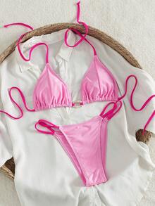 Swim Mod Conjunto de bikini de 2 piezas con parte superior de traje de baño con cuello de halter con empate y recorte ovalado teñido anudado, y Bottom de traje de baño con cordón lateral, en unicolor y parche, para vacaciones de verano - Rosa - Ver 2