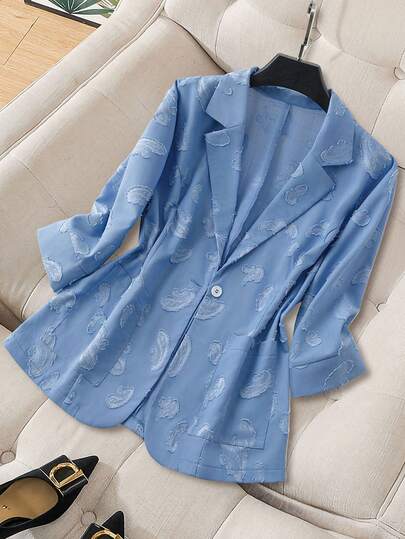 GlowEve CURVE 大码女式早春清新蓝色纹理面料修身休闲西装外套