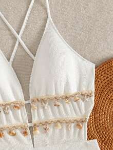Swim Vcay 1pc Women's Solid Color Spaghetti Strap Criss-Cross Back Shell Chain One-Piece Swimsuit - White - View 7