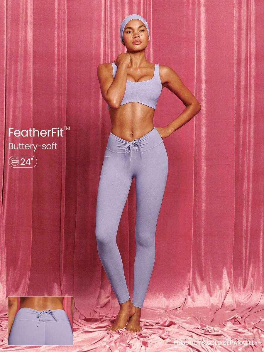 GLOWMODE 24英寸 FeatherFit™ City Steps 柔软吸汗可调节抽绳腰带露臀设计无前缝紧身裤，适合低强度瑜伽、日常运动穿着 - 紫色 - 查看 1