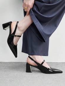 CUCCOO BIZCHIC 女鞋 女士尖头粗跟中跟黑色镜面露跟女式高跟鞋 时尚舒适通勤商务百搭女式露跟鞋 春季鞋 - 黑色漆皮 - 查看 3