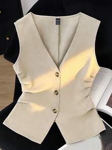 GlowEve Women's Fashion V-Neck Pleated Sleeveless Romantic Elegant Casual Commute Date Party Dinner Jacket, Spring/Summer - Apricot - View 1