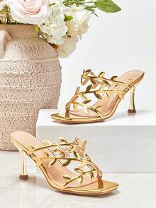 SHUZIA 女士优雅花卉镂空细高跟套脚凉鞋 - 金色 - 查看 1