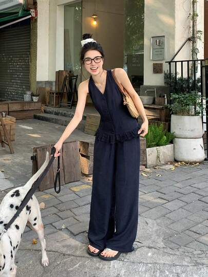 DAZY 春夏修身荷葉邊蕾絲拼接無袖背心開襟上衣藍色，情人節婚禮休閒度假海灘風直筒休閒長褲套裝，優雅通勤甜美女款兩件套
