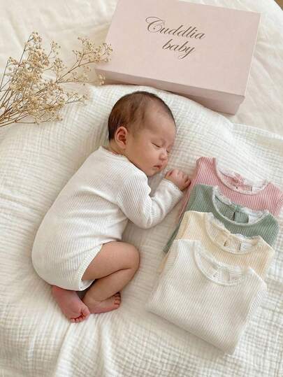 5件套新生儿优雅粉色、杏色、绿色和白色花卉滚边袖口、领口和脚踝弹力舒适长袖连体睡衣套装