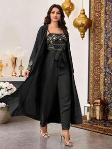 Al Najma Middle Eastern Arabic Style Light Blue Sequin Patchwork Jumpsuit Set With Jacket, Traditional Long Robe - Black - View 6