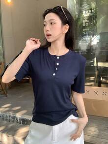 DAZY Áo thun tay ngắn dáng suông, màu trơn, cổ bẻ nửa thân, thích hợp mặc đi làm, mùa xuân/hè. - Màu xanh hải quân - Xem 7