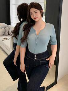 Dazy Plus Plus Size Women Casual Solid Color Minimalist Short Sleeve Knit Top Summer - Mint Blue - View 3